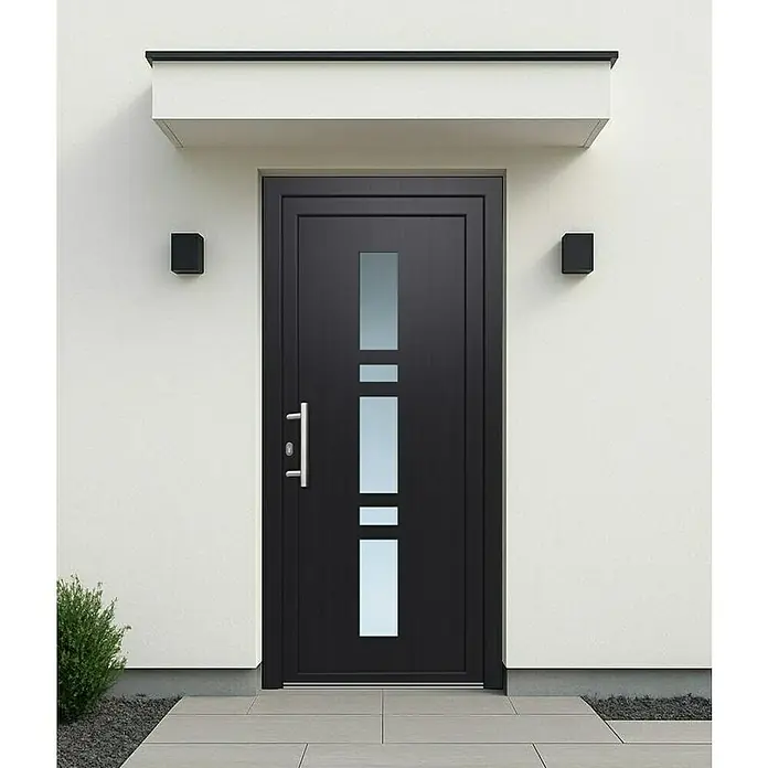 Panto Haustür Weser K 017 - 110 x 210 cm, DIN Anschlag: Links, Anthrazit/Weiß - Stilvolle moderne Haustür in Schwarz mit länglichen Glaseinsätzen und einem schlichten Vordach für einen einladenden Eingangsbereich.