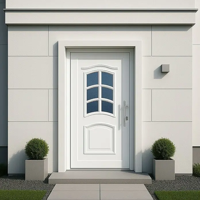Panto Haustür Main K 003 - 100 x 200 cm, DIN Anschlag: Rechts, Weiß - Diese Aufnahme zeigt eine elegante, weiße Haustür mit Glaseinsatz, umrahmt von einer stilvollen Fassade mit modernen, rechteckigen Pflastersteinen.