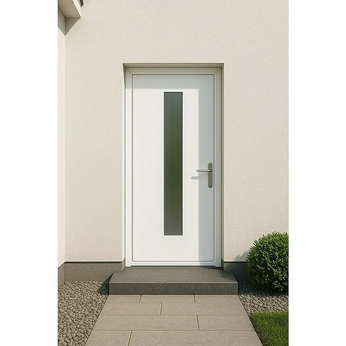Panto Nebeneingangstür K 508 - 98 x 198 cm, DIN Anschlag: Rechts, Weiß - Moderne Haustür mit schmalem Glaseinsatz in einem hellen, minimalistischen Design, das Licht und Stil vereint. Ideal für moderne Hausfassaden.
