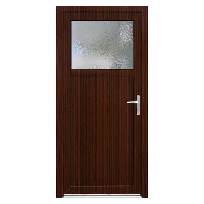 Panto Nebeneingangstür K 504 - 98 x 198 cm, DIN Anschlag: Rechts, Mahagoni - Eine braune Holztür mit einem rechteckigen Fenster im oberen Bereich und einem silbernen Türgriff auf der rechten Seite.
