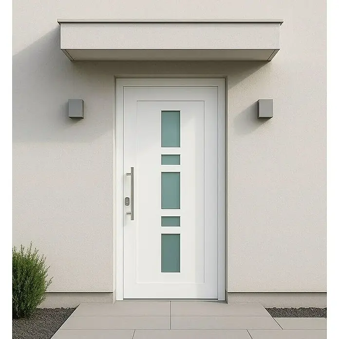Panto Haustür Weser K 017 - 110 x 210 cm, DIN Anschlag: Links, Weiß - Die moderne Haustür in Weiß mit Glaseinsätzen und einem schlanken Türgriff ist ein echter Hingucker. Sie verleiht dem Eingangsbereich eine elegante Note.