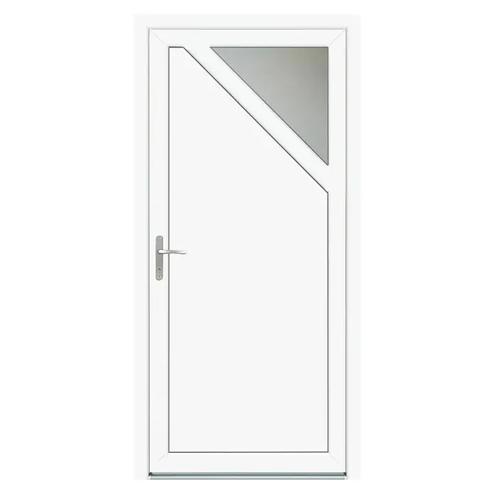 Panto Nebeneingangstür K 509 - 98 x 198 cm, DIN Anschlag: Links, Weiß - Elegante weiße Tür mit einem modernen Designelement, das ein dreieckiges Fenster im oberen Bereich integriert.  Der Griff ist aus silberfarbenem Metall.