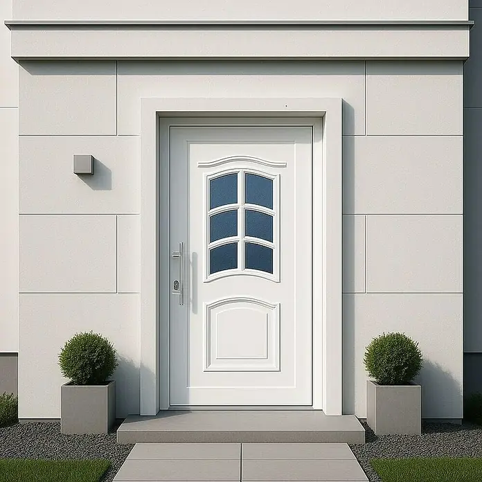 Panto Haustür Main K 003 - 100 x 200 cm, DIN Anschlag: Links, Weiß - Elegante weiße Haustür mit Glaseinsatz, umrahmt von einer stilvollen Fassade und akzentuiert durch grüne Pflanzen in modernen Töpfen.