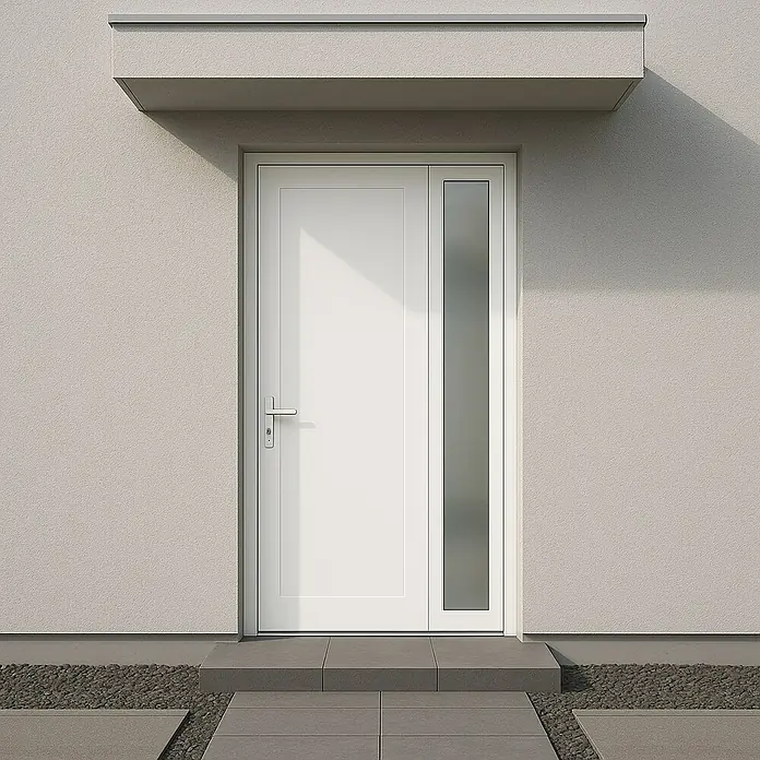 Panto Nebeneingangstür K 511 - 88 x 198 cm, DIN Anschlag: Links, Weiß - Elegante weiße Haustür mit Seitenfenster und Überdachung. Die Tür präsentiert sich modern und einladend, passend zur Fassade des Hauses.