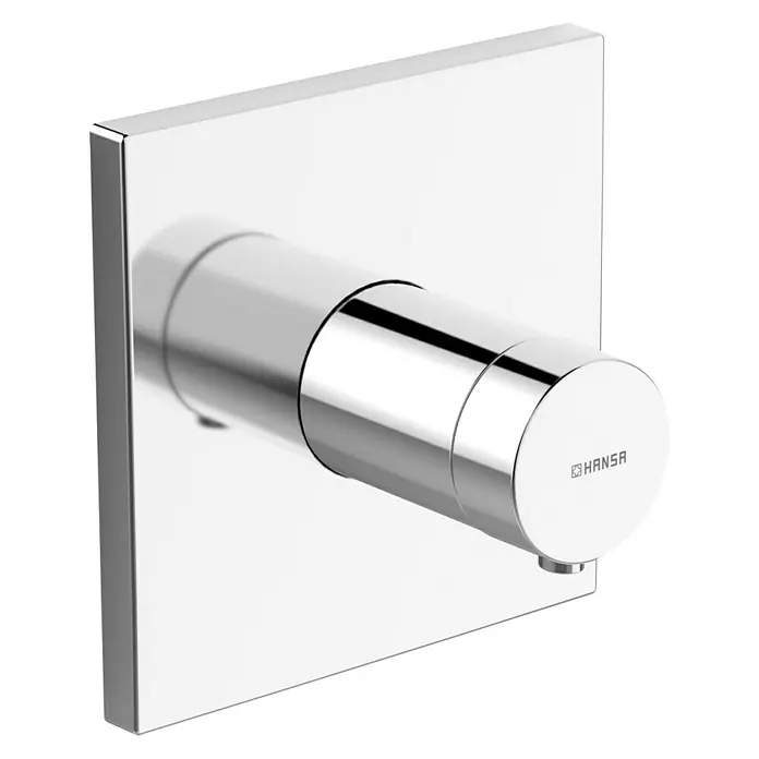 Hansa Living UP-Brausethermostat - Eckig, Chrom, Glänzend, Durchflussmenge: 20 l/min - Nahaufnahme eines modernen HANSA-Wasserhahns mit quadratischer Blende und zylindrischem Griff, glänzendes Chrom-Finish.