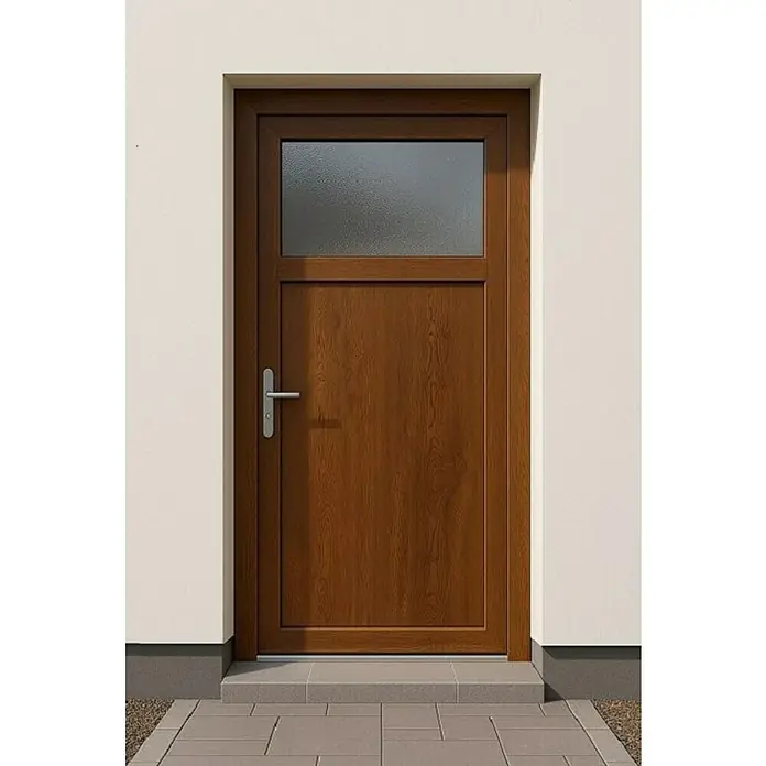 Panto Nebeneingangstür K 504 - 98 x 198 cm, DIN Anschlag: Links, Golden Oak - Braune Haustür mit rechteckigem Fenster im oberen Bereich, eingebettet in eine helle Wand. Der Türgriff ist silbern und horizontal.