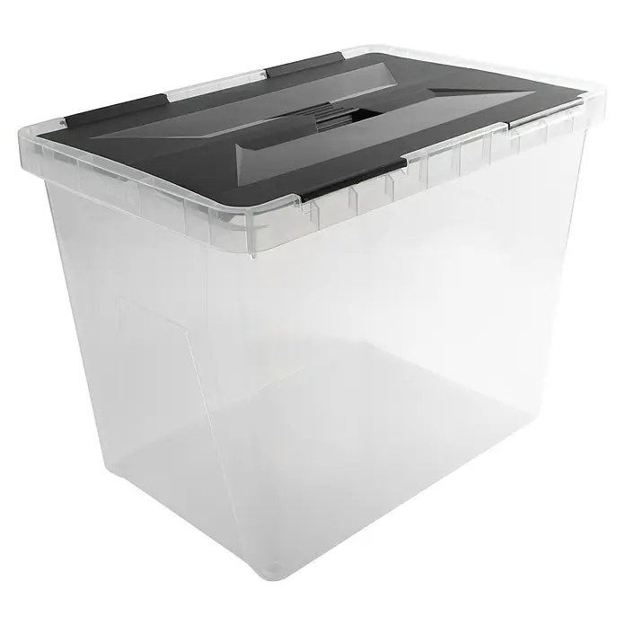 Sunware Aufbewahrungsbox Onyx - L x B x H: 49,4 x 32,3 x 36,3 cm, Kunststoff, Transparent - Ein durchsichtiger Aufbewahrungsbehälter mit einem dunklen, flachen Deckel, ideal für die Organisation und Lagerung von Gegenständen im Haushalt.