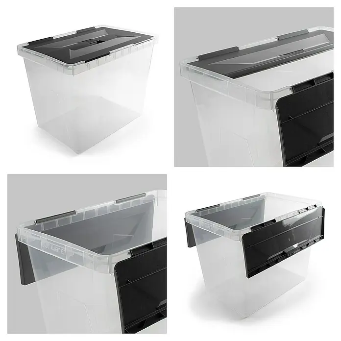 Sunware Aufbewahrungsbox Onyx - L x B x H: 49,4 x 32,3 x 36,3 cm, Kunststoff, Transparent - Verschiedene Ansichten einer transparenten Kunststoff-Aufbewahrungsbox mit schwarzem Deckel und Griffen für die einfache Organisation.