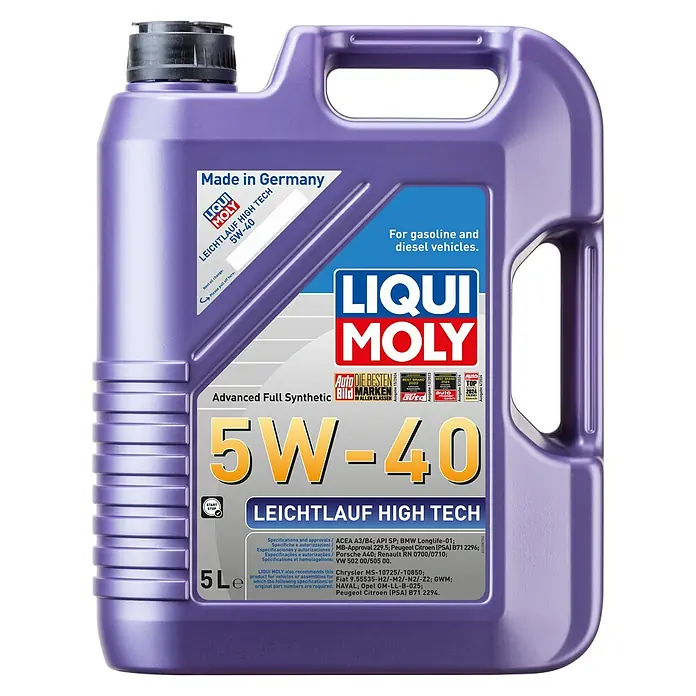 Liqui Moly Aceite para motor ligero High Tech - 5 l, 5W-40, A3/B4 - Aceite de motor LIQUI MOLY Leichtlauf High Tech 5W-40 en botella morada. Apto para vehículos de gasolina y diésel, Made in Germany.