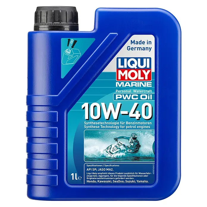 Liqui Moly Marine Motoröl PWC OIL 10W-40 - 1 l - Produktabbildung einer 1-Liter-Flasche Liqui Moly Marine PWC Oil 10W-40, speziell für den Einsatz in Wasserfahrzeugen entwickelt.