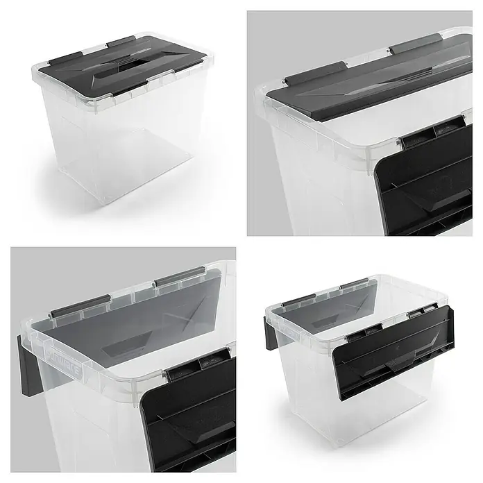 Sunware Aufbewahrungsbox Onyx - L x B x H: 36 x 23,5 x 26,3 cm, Kunststoff, Transparent - Bild von transparenten Aufbewahrungsboxen mit Deckel in verschiedenen Ansichten.