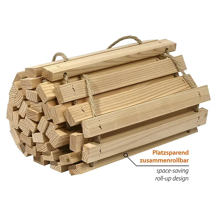 Dobar Gartenweg Mobil - L x B x H: 195 x 36 x 2 cm, Transportfähig - Ein Stapel gehacktes Holz, der von Seilen zusammengehalten wird, dient als attraktives Brennholzlager.