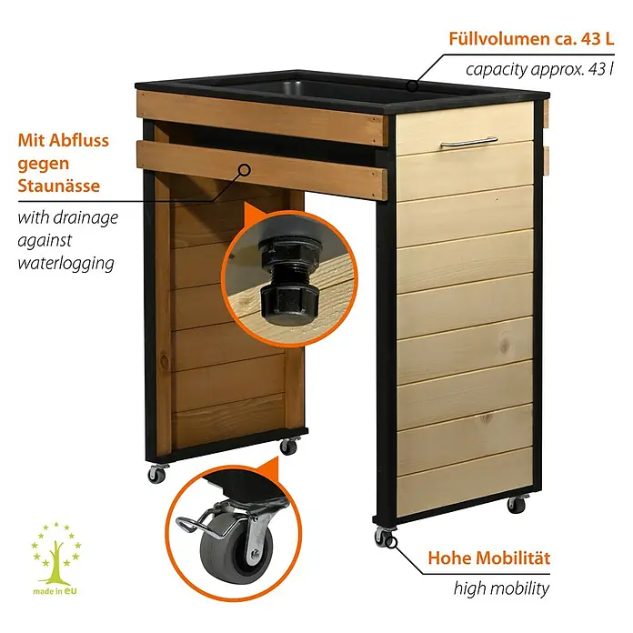 Dobar Hochbeet Wheely auf Rollen - 77 x 47 x 88 cm, Holz, Braun/Schwarz - Bild eines Spültisches für den Außenbereich mit Rollen und Ablagefläche, ideal für die Gartenarbeit.