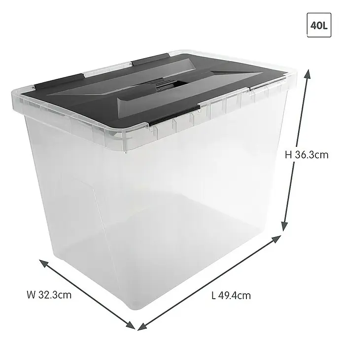 Sunware Aufbewahrungsbox Onyx - L x B x H: 49,4 x 32,3 x 36,3 cm, Kunststoff, Transparent - Transparente Kunststoff-Aufbewahrungsbox mit schwarzem Deckel, 40L Volumen. Maße: L 49.4cm x B 32.3cm x H 36.3cm.