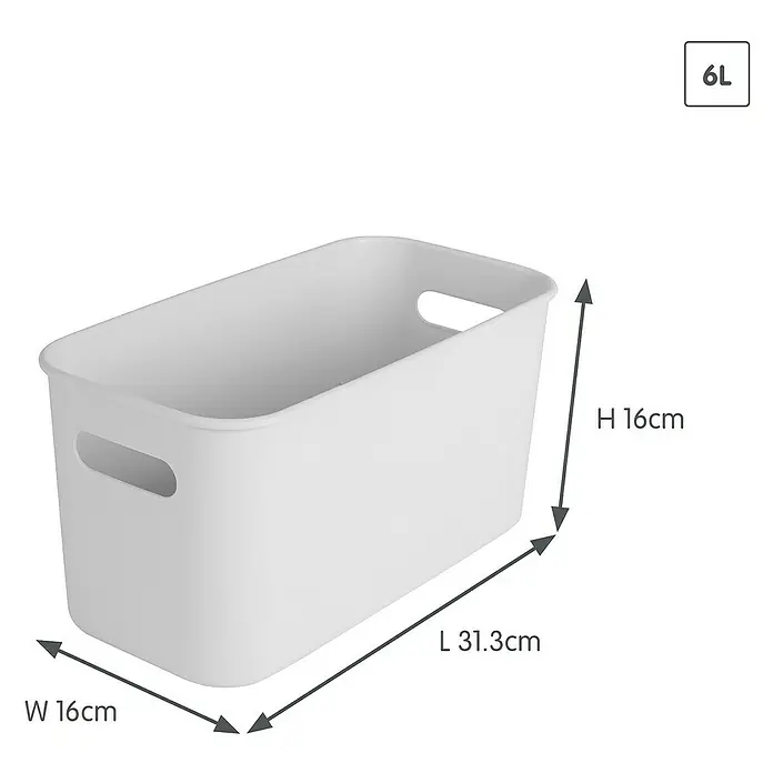 Sunware Sigma home Aufbewahrungsbox cube box - L x B x H: 31,3 x 16 x 16 cm, Kunststoff, Weiß, 6 l - Weißer rechteckiger Kunststoff-Aufbewahrungskorb mit Griffen, 6L Fassungsvermögen, 31,3x16x16cm.