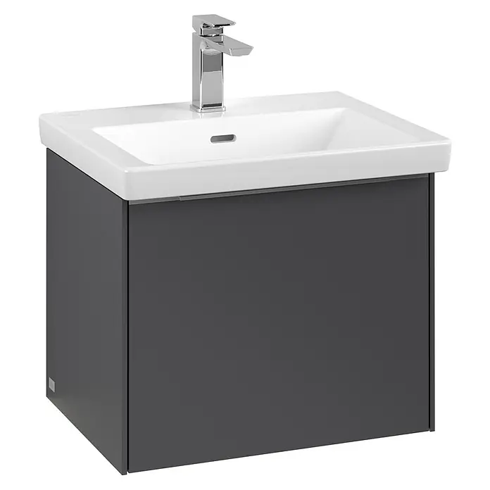 Villeroy & Boch Subway 3.0 Waschbeckenunterschrank - Graphite, Anzahl Schubladen: 1 Stk., Farbe Griff: Aluminium glänzend, B x T x H: 52,3 x 44,8 x 42,9 cm, Mit Beleuchtung - Ein moderner Waschtischunterschrank in Grau mit einem weißen Aufsatzwaschbecken und einer eleganten Armatur. Stilvolles Design für Ihr Badezimmer.