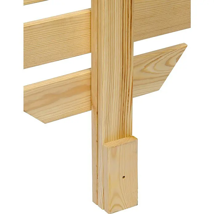 Dobar Rankhilfe Magnolia - 49 x 175 cm, Holz, Naturbelassen - Nahaufnahme eines hellen Holzbetts mit stabilen Holzlatten und einer soliden Holzbein-Konstruktion.