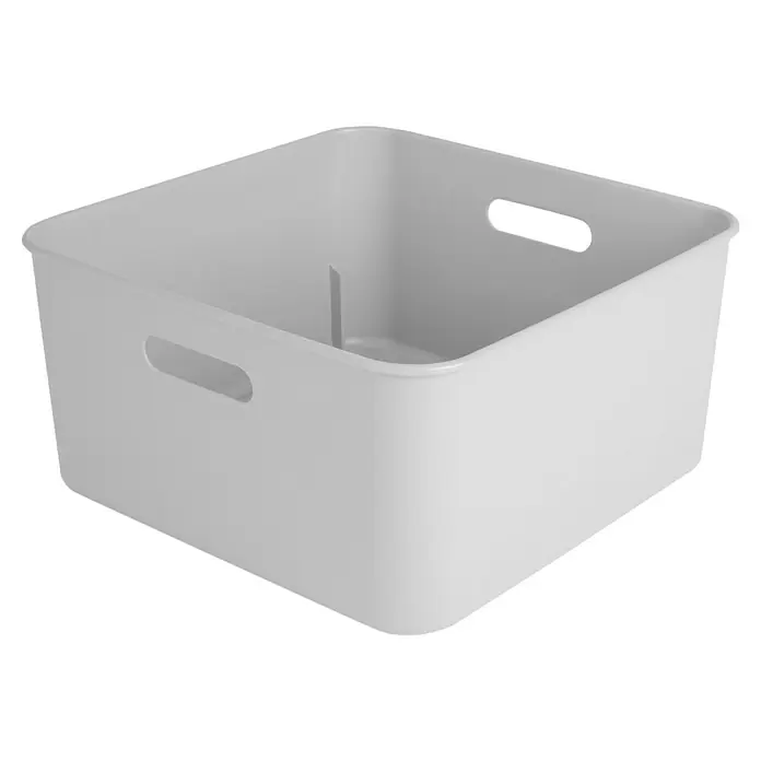 Sunware Sigma home Aufbewahrungsbox cube box - L x B x H: 31,3 x 31,3 x 15,7 cm, Kunststoff, Weiß, 12,5 l - Ein grauer, quadratischer Aufbewahrungskorb aus Kunststoff mit Griffen an den Seiten und einer Trennwand in der Mitte für organisierte Lagerung.