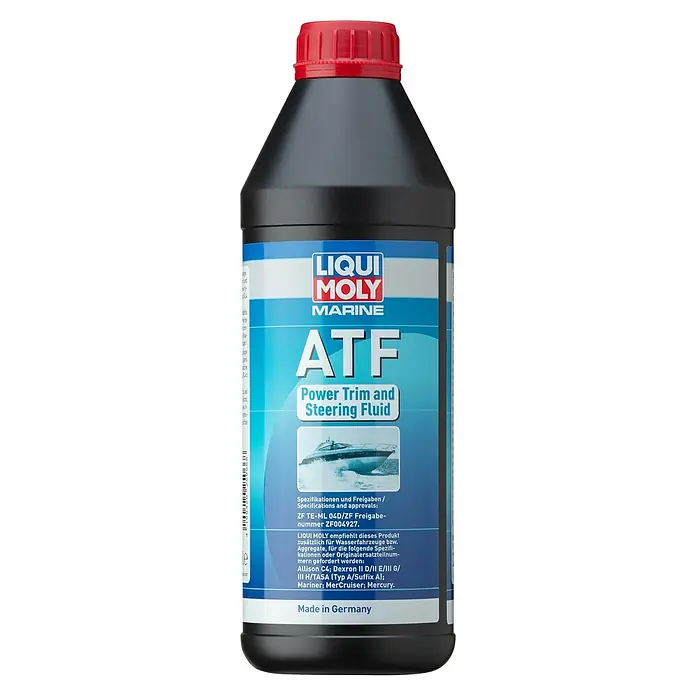Liqui Moly Marine Getriebeöl ATF - Synthesetechnologie, 1 l - Bild einer Flasche Liqui Moly Marine ATF Servolenkungs- und Trimmöl für Boote, hergestellt in Deutschland.
