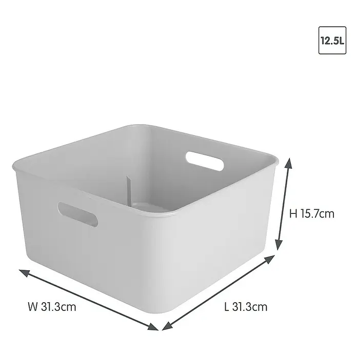 Sunware Sigma home Aufbewahrungsbox cube box - L x B x H: 31,3 x 31,3 x 15,7 cm, Kunststoff, Weiß, 12,5 l - Hellgraue quadratische Aufbewahrungsbox mit Griffen und Inneneinteilung, Maße L 31,3cm, B 31,3cm, H 15,7cm, Volumen 12,5L.