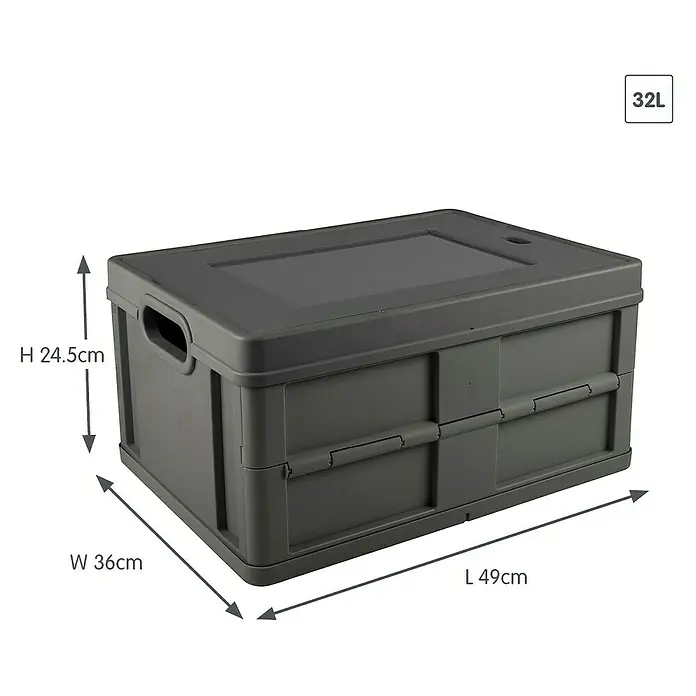 Sunware Klappbox Square - L x B x H: 49 x 36 x 24,5 cm, Anthrazit, Deckel - Dunkelgraue 32L faltbare Kunststoff-Aufbewahrungsbox mit Deckel und Griffen.