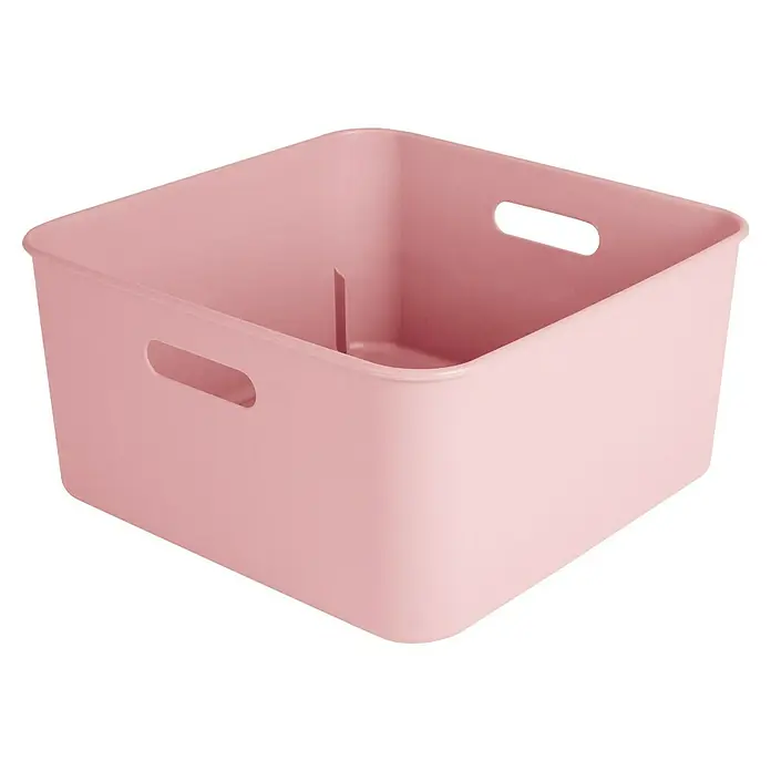 Sunware Sigma home Aufbewahrungsbox cube box - L x B x H: 31,3 x 31,3 x 15,7 cm, Kunststoff, Rosa, 12,5 l - Nahaufnahme einer rosa Kunststoffbox mit Griffen und Fachteilern, ideal zur Aufbewahrung und Organisation im Haushalt.