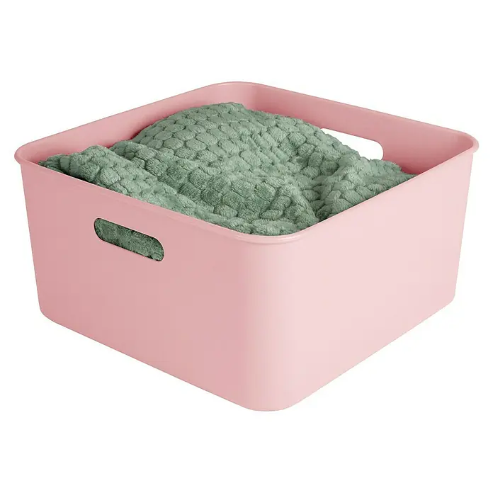 Sunware Sigma home Aufbewahrungsbox cube box - L x B x H: 31,3 x 31,3 x 15,7 cm, Kunststoff, Rosa, 12,5 l - Rosa Aufbewahrungsbox mit hellgrüner Decke.