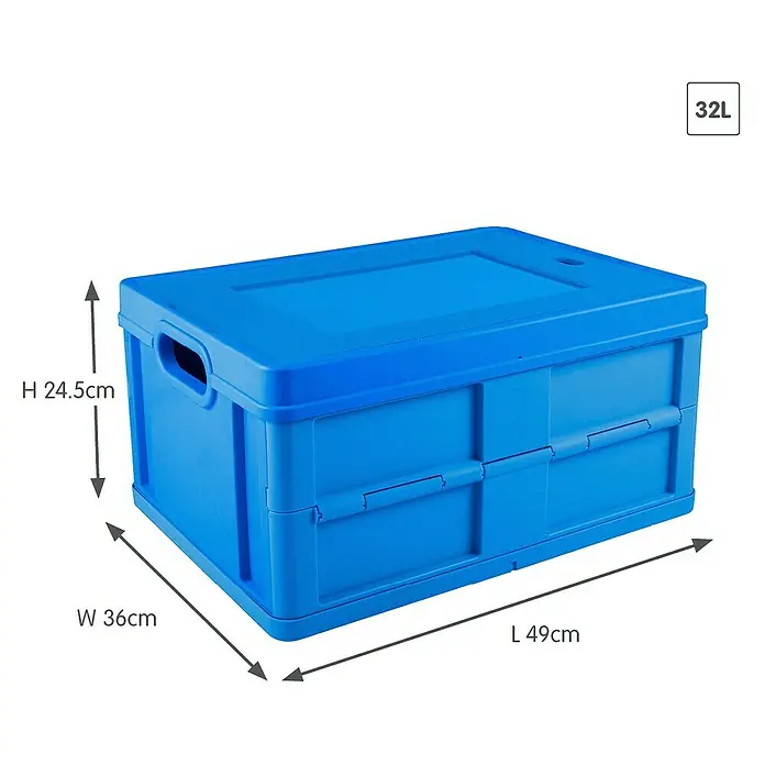 Sunware Klappbox Square - L x B x H: 49 x 36 x 24,5 cm, Blau, Deckel - Blaue faltbare Kunststoff-Aufbewahrungsbox mit Deckel und Griffen, L 49cm x B 36cm x H 24.5cm, 32L Volumen.
