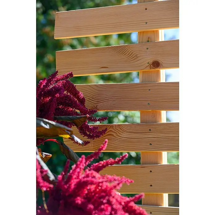 Dobar Rankhilfe Magnolia - 49 x 175 cm, Holz, Naturbelassen - Nahaufnahme eines dekorativen Holzzauns mit roten Blumen im Vordergrund, der eine natürliche und stilvolle Gartengestaltung zeigt.