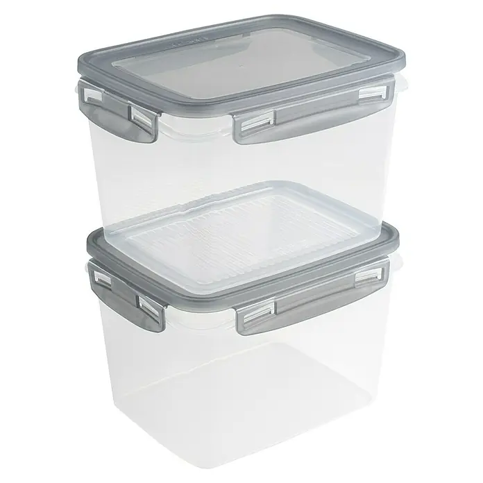 Sunware Gefrierdose Club Cuisine - 1,9 l, L x B x H: 17,5 x 14 x 11,4 cm, Farbe Deckel: Grau - Zwei transparente Vorratsbehälter mit grauen Deckeln und Verschlussclips gestapelt.