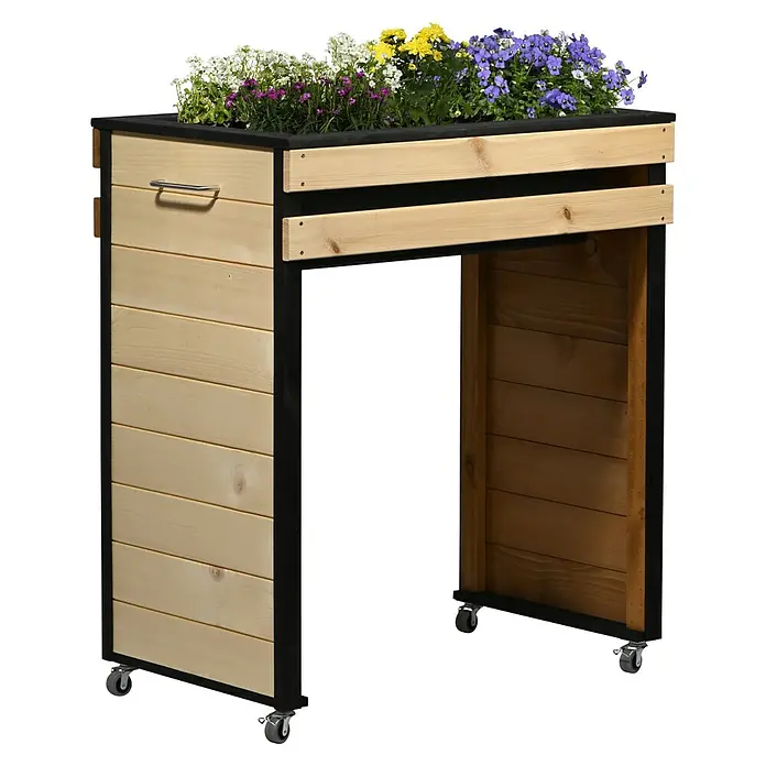 Dobar Hochbeet Wheely auf Rollen - 77 x 47 x 88 cm, Holz, Braun/Schwarz - Der rollbare Pflanztisch mit Holzverkleidung und bunten Blumen ist ein schönes Gartenmöbel. Ideal für den Balkon!