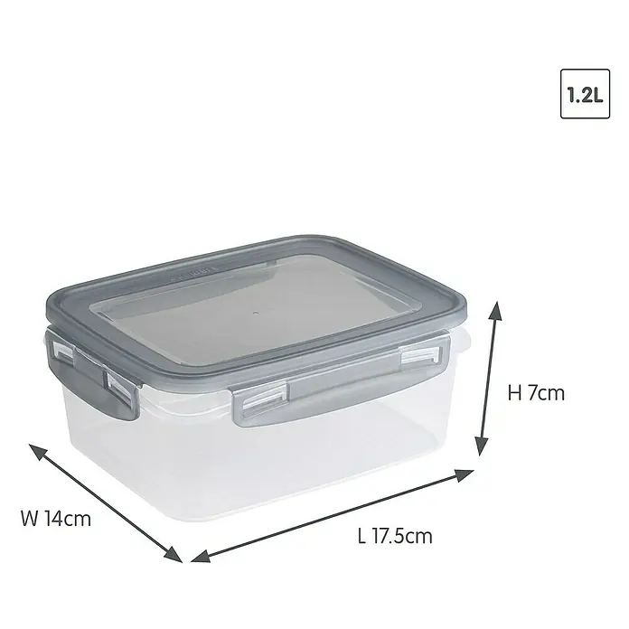 Sunware Gefrierdose Club Cuisine - 1,2 l, L x B x H: 17,5 x 14 x 7 cm, Farbe Deckel: Grau - Durchsichtige rechteckige Frischhaltedose mit grauem Deckel und Verschlüssen. Maße L17,5 x B14 x H7cm, 1,2L Fassungsvermögen.