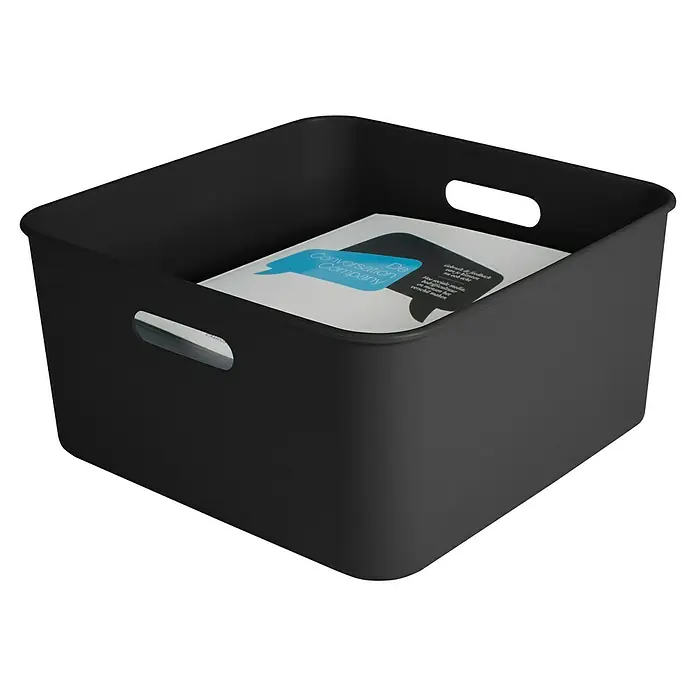 Sunware Sigma home Aufbewahrungsbox cube box - L x B x H: 31,3 x 31,3 x 15,7 cm, Kunststoff, Schwarz, 12,5 l - Schwarzer Aufbewahrungskorb mit Tragegriffen und einem Buch. Ideal für Ordnung im Büro oder Zuhause, stilvoll und praktisch.
