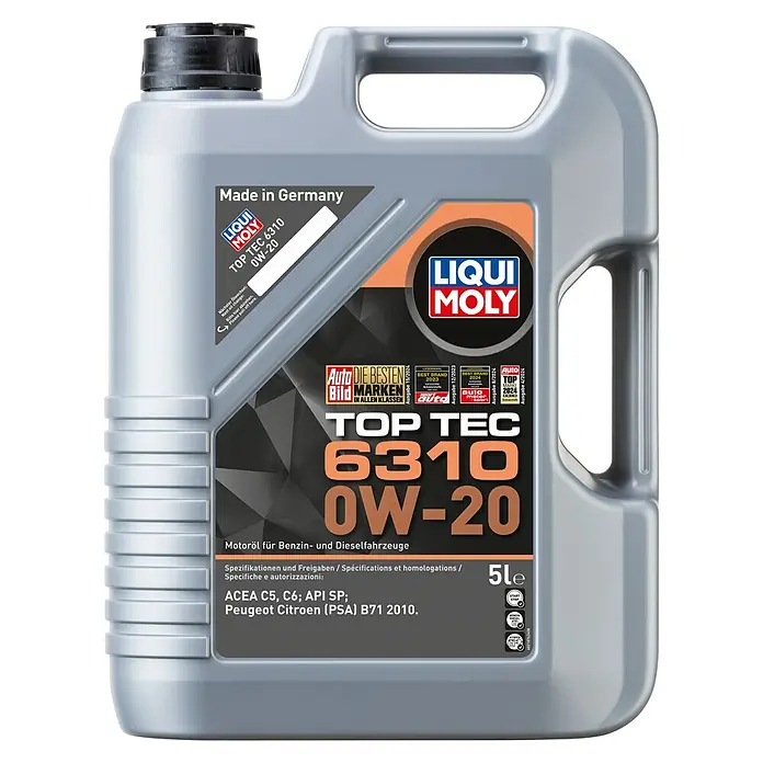 Liqui Moly Aceite para motor Top Tec 6310 0W-20 - 0W-20, C5, 5 l - Garrafa gris de 5 litros de aceite motor Liqui Moly Top Tec 6310 0W-20 con tapón negro y marca destacada.