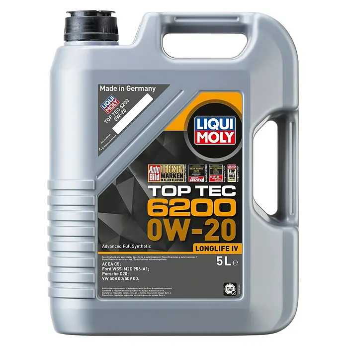 Liqui Moly Aceite para motor ligero Top Tec 6200 - 0W-20, 5 l - Botella gris de 5 litros de aceite de motor Liqui Moly, TOP TEC 6200 0W-20, con etiquetas amarillas y negras, y tapa negra.
