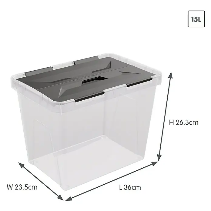 Sunware Aufbewahrungsbox Onyx - L x B x H: 36 x 23,5 x 26,3 cm, Kunststoff, Transparent - Transparente Kunststoff-Aufbewahrungsbox mit dunkelgrauem Deckel, 15L Fassungsvermögen.