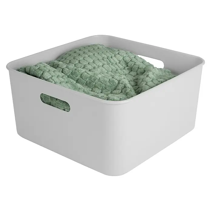 Sunware Sigma home Aufbewahrungsbox cube box - L x B x H: 31,3 x 31,3 x 15,7 cm, Kunststoff, Weiß, 12,5 l - Eine weiße Aufbewahrungsbox mit einem hellgrünen, texturierten Stoff darin, ideal zur stilvollen Organisation von Wohnräumen.
