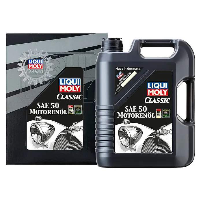 Liqui Moly Aceite para motor Classic SAE 50 - SAE 50, 5 l - Garrafa negra de 5 litros de aceite motor LIQUI MOLY Classic SAE 50 con embalaje, con ilustración de coche clásico.