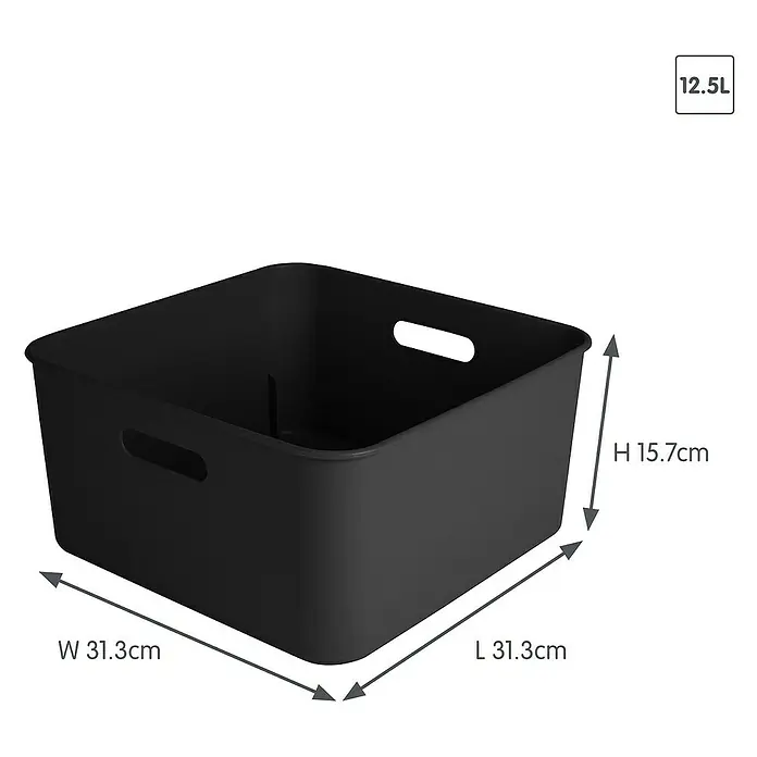 Sunware Sigma home Aufbewahrungsbox cube box - L x B x H: 31,3 x 31,3 x 15,7 cm, Kunststoff, Schwarz, 12,5 l - Schwarze quadratische Aufbewahrungsbox mit ausgeschnittenen Griffen, 31,3 cm L x 31,3 cm B x 15,7 cm H, 12,5 L Volumen.