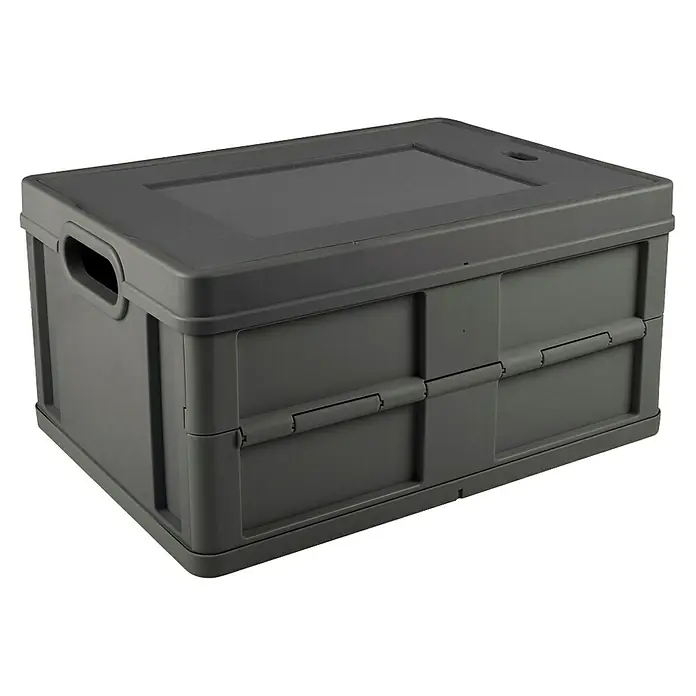 Sunware Klappbox Square - L x B x H: 49 x 36 x 24,5 cm, Anthrazit, Deckel - Dunkelgraue, faltbare Kunststoff-Aufbewahrungsbox mit Deckel und Griffen.