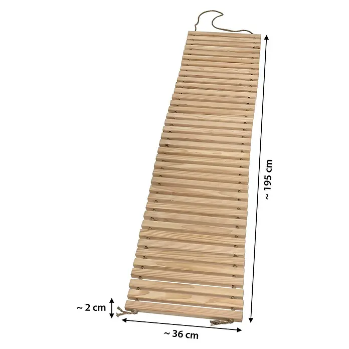 Dobar Gartenweg Mobil - L x B x H: 195 x 36 x 2 cm, Transportfähig - Flexible Holzlamellenmatte aus Naturholz, ca. 195 cm lang, 36 cm breit, Lamellen ~2 cm dick, mit Seil verbunden.