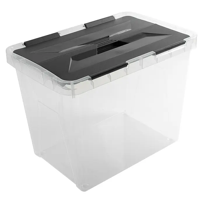 Sunware Aufbewahrungsbox Onyx - L x B x H: 36 x 23,5 x 26,3 cm, Kunststoff, Transparent - Ein durchsichtiger Aufbewahrungsbehälter mit schwarzem Deckel, ideal für die Organisation und Lagerung verschiedener Gegenstände.