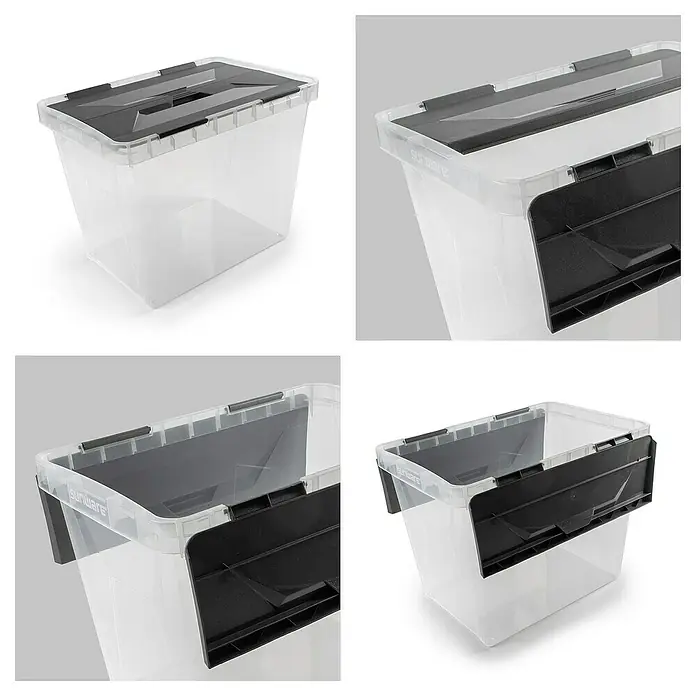 Sunware Aufbewahrungsbox Onyx - L x B x H: 42,4 x 28,1 x 31,3 cm, Kunststoff, Transparent - Bild einer durchsichtigen Sunware-Aufbewahrungsbox mit schwarzem Deckel, die vielseitige Lagerung für verschiedene Gegenstände bietet.