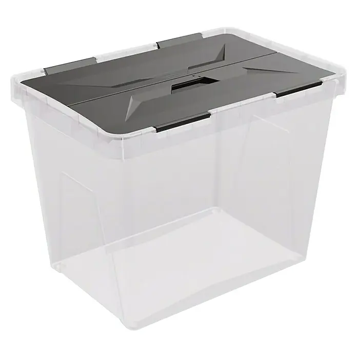 Sunware Aufbewahrungsbox Onyx - L x B x H: 42,4 x 28,1 x 31,3 cm, Kunststoff, Transparent - Ein durchsichtiger Plastikbehälter mit einem grauen Deckel, ideal zur Aufbewahrung von Gegenständen im Haushalt oder im Büro.