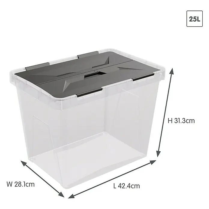 Sunware Aufbewahrungsbox Onyx - L x B x H: 42,4 x 28,1 x 31,3 cm, Kunststoff, Transparent - Klare 25L Kunststoff-Aufbewahrungsbox mit dunkelgrauem Deckel, Maße L 42,4cm, B 28,1cm, H 31,3cm.