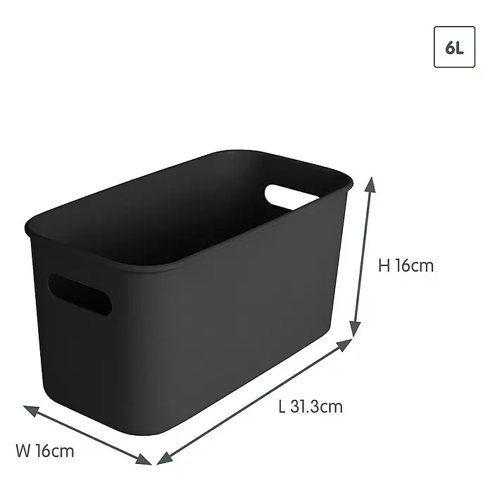 Sunware Sigma home Aufbewahrungsbox cube box - L x B x H: 31,3 x 16 x 16 cm, Kunststoff, Schwarz, 6 l - Schwarzer rechteckiger Kunststoff-Aufbewahrungskorb mit Griffen. H 16cm, L 31.3cm, B 16cm, 6L Fassungsvermögen.