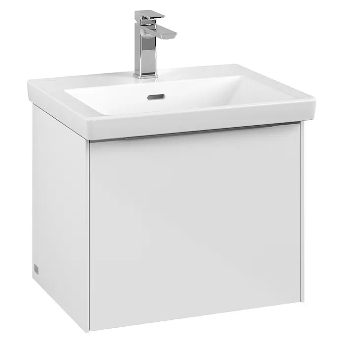 Villeroy & Boch Subway 3.0 Waschbeckenunterschrank - Brilliant White, Anzahl Schubladen: 1 Stk., Farbe Griff: Aluminium glänzend, B x T x H: 52,3 x 44,8 x 42,9 cm - Abbildung eines weißen Waschtischunterschranks mit einer modernen Armatur.