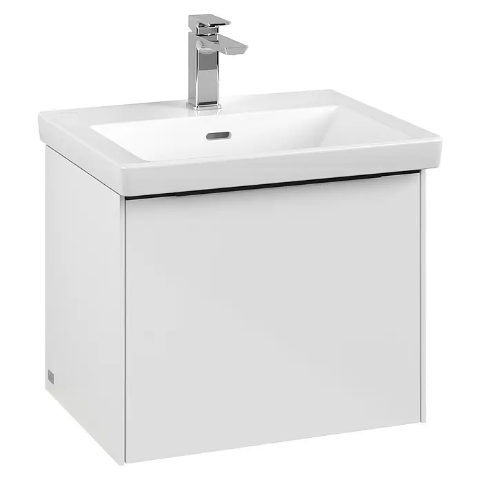 Villeroy & Boch Subway 3.0 Waschbeckenunterschrank - Brilliant White, Anzahl Schubladen: 1 Stk., Farbe Griff: Volcano Black, B x T x H: 52,3 x 44,8 x 42,9 cm, Mit Beleuchtung - Ein modernes Waschbecken mit Unterschrank in Weiß und einer glänzenden Armatur, ideal für ein stilvolles Badezimmer.