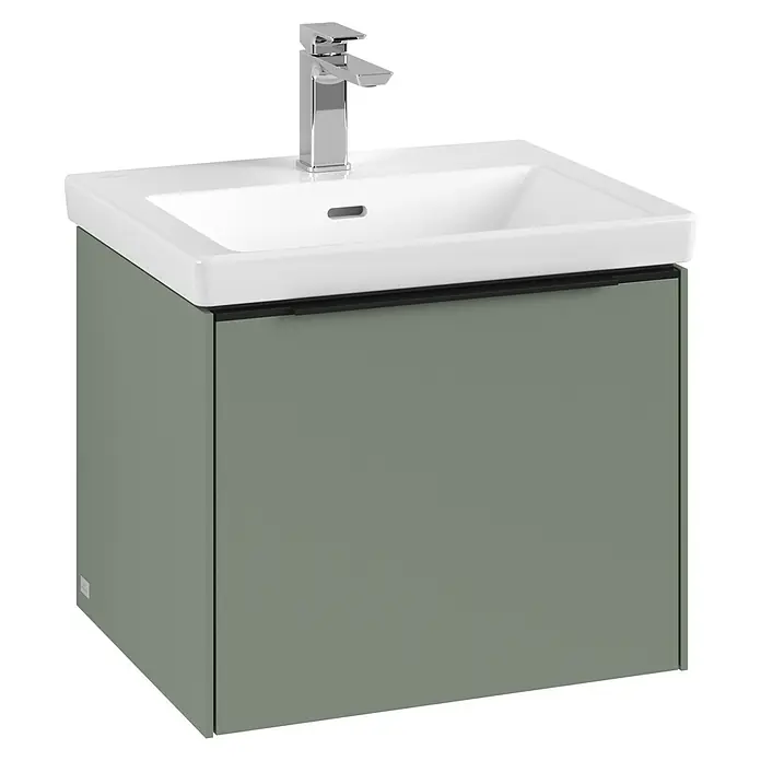 Villeroy & Boch Subway 3.0 Waschbeckenunterschrank - Soft Green, Anzahl Schubladen: 1 Stk., Farbe Griff: Volcano Black, B x T x H: 52,3 x 44,8 x 42,9 cm - Nahaufnahme eines Badezimmerwaschtisches mit grünem Unterschrank und weißem Waschbecken.