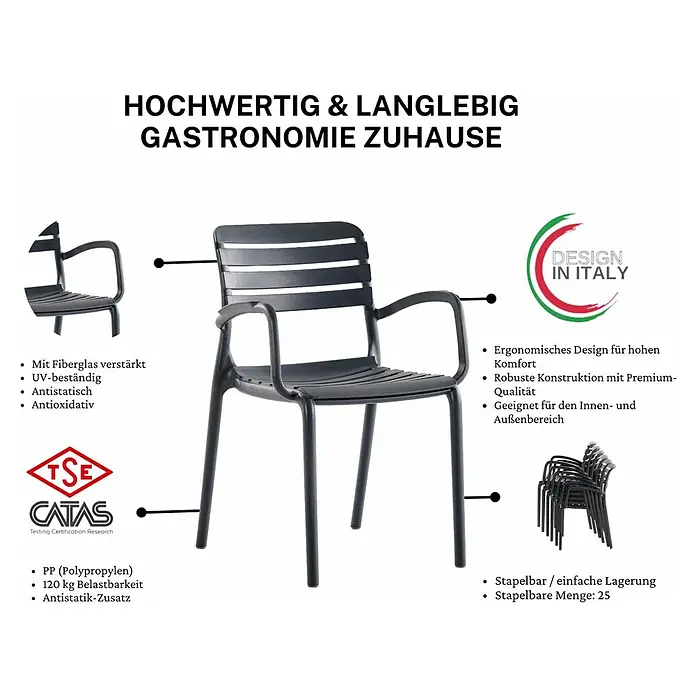 Bonlay Gartenstuhl Luna - Kunststoff, Mit Armlehne, Stapelbar, Anthrazit, B x T x H: 46 x 46 x 80 cm - Bild einer schwarzen Gartenstuhl mit Armlehnen, der sich durch hochwertige Materialien und ein ergonomisches Design auszeichnet.